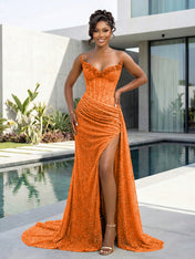 Gold Strapless Pearl-Embellished Corset Prom Dress with Slit