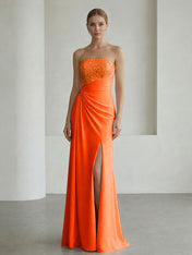 Glamorous Formal Evening Dress Soft Blush Beaded Strapless Slit Gown