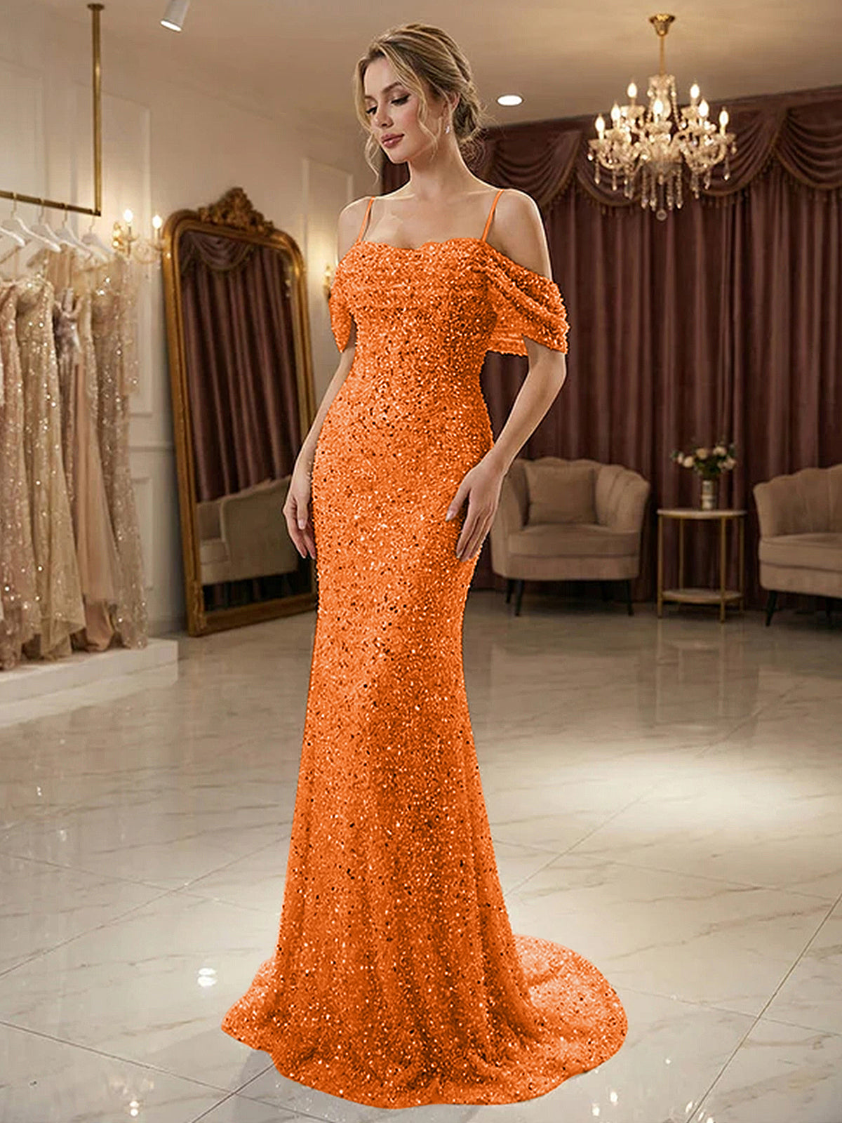 Sparkly Champagne Beaded Off-the-Shoulder Mermaid Long Prom Dress