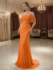Sparkly Champagne Beaded Off-the-Shoulder Mermaid Long Prom Dress