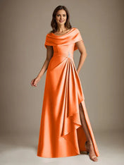 A-Line Scoop Floor-Length Stretch Satin Mother of the Bride Dress With Cascading Ruffles