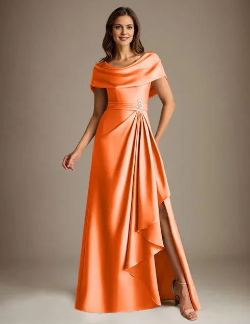 A-Line Scoop Floor-Length Stretch Satin Mother of the Bride Dress With Cascading Ruffles