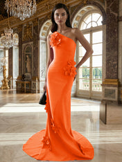 A Line One Shoulder Sleeveless Floor Length Stretch Crepe Dress With 3D Flowers