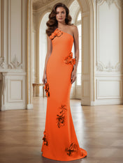 Cream One-Shoulder Prom Dress with Sculptural 3D Floral Appliqués