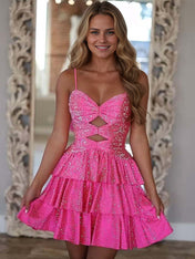 A Line Spaghetti Straps Sweetheart Satin Homecoming Dress with Keyhole
