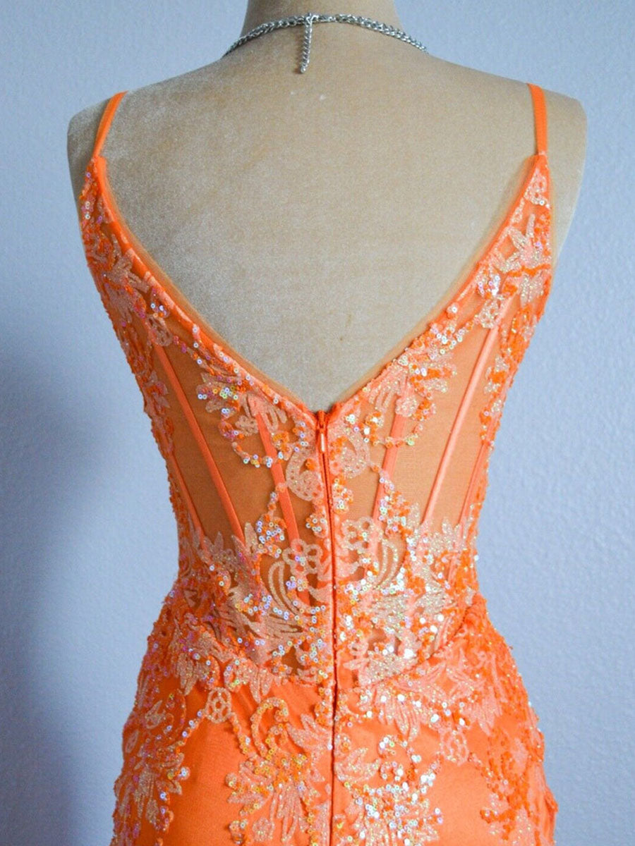 Orange Mermaid Spaghetti Straps Sequins Applique Long Prom Dress