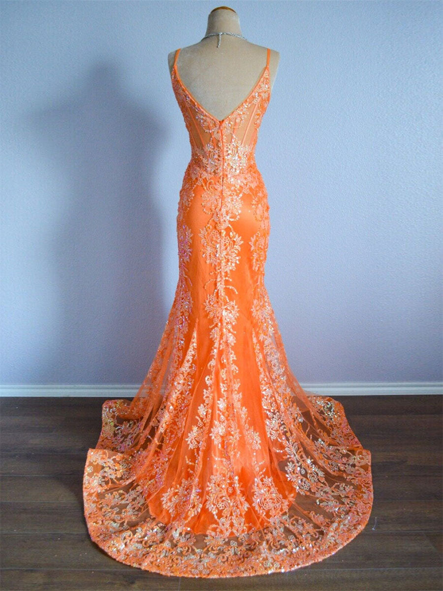Orange Mermaid Spaghetti Straps Sequins Applique Long Prom Dress
