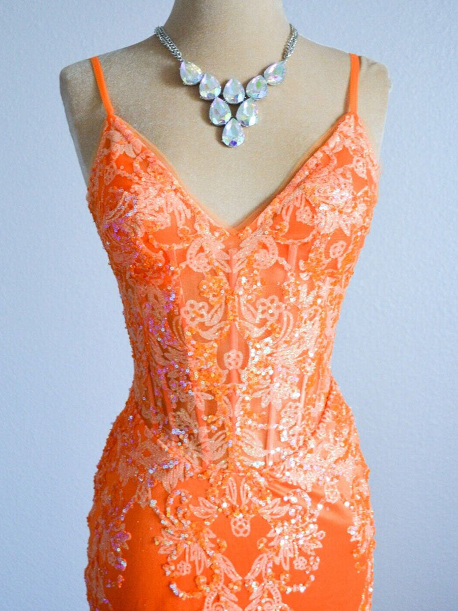 Orange Mermaid Spaghetti Straps Sequins Applique Long Prom Dress