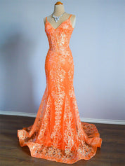Orange Mermaid Spaghetti Straps Sequins Applique Prom Dress