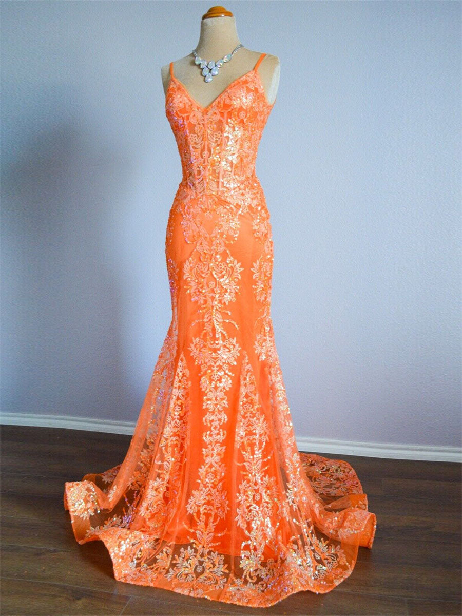 Orange Mermaid Spaghetti Straps Sequins Applique Long Prom Dress