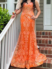 Orange Mermaid Spaghetti Straps Sequins Applique Prom Dress