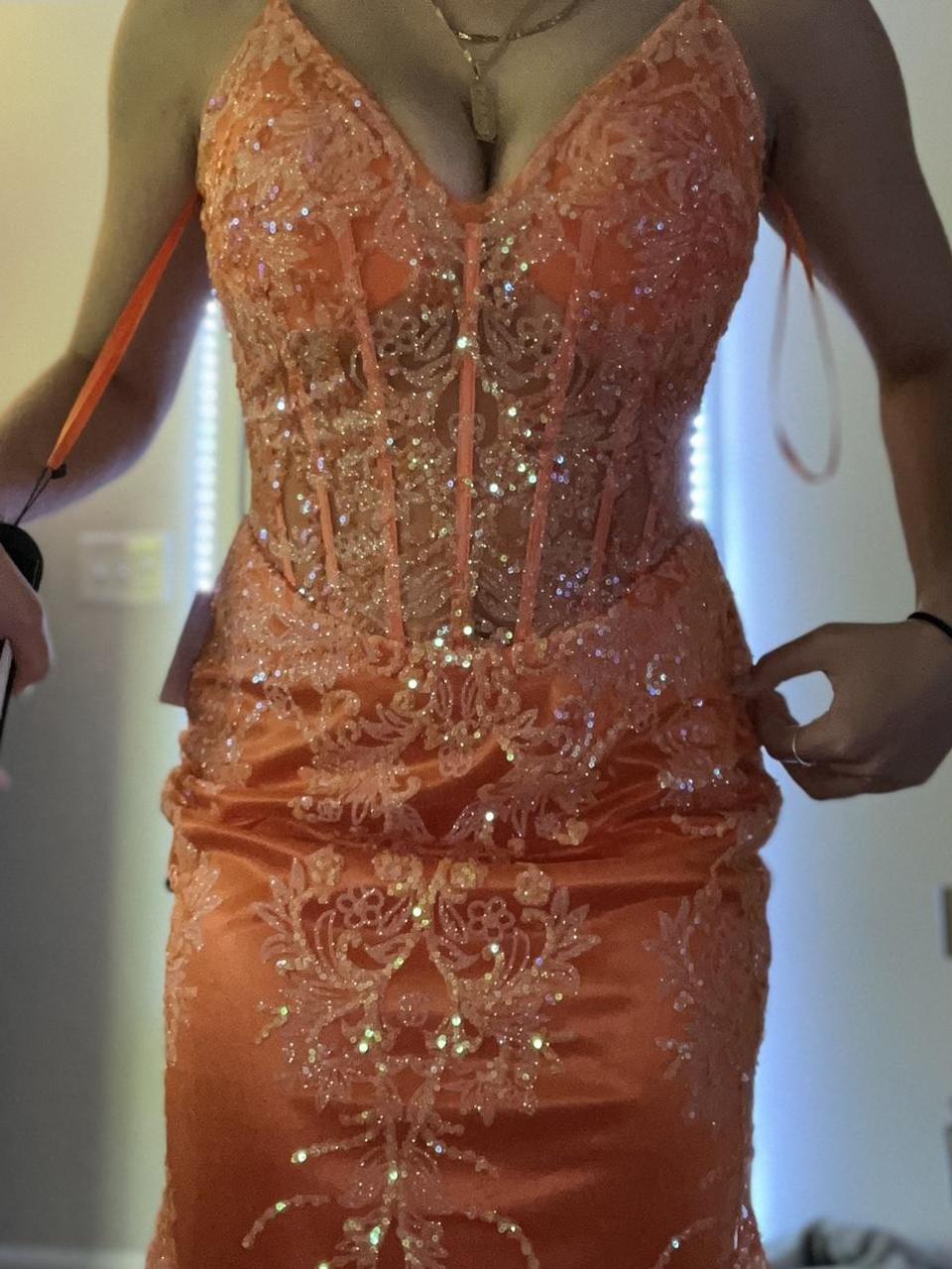 Orange Mermaid Spaghetti Straps Sequins Applique Prom Dress