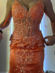 Orange Mermaid Spaghetti Straps Sequins Applique Prom Dress