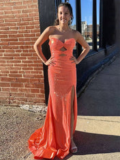 Orange Mermaid Strapless Long Prom Dress with Beads