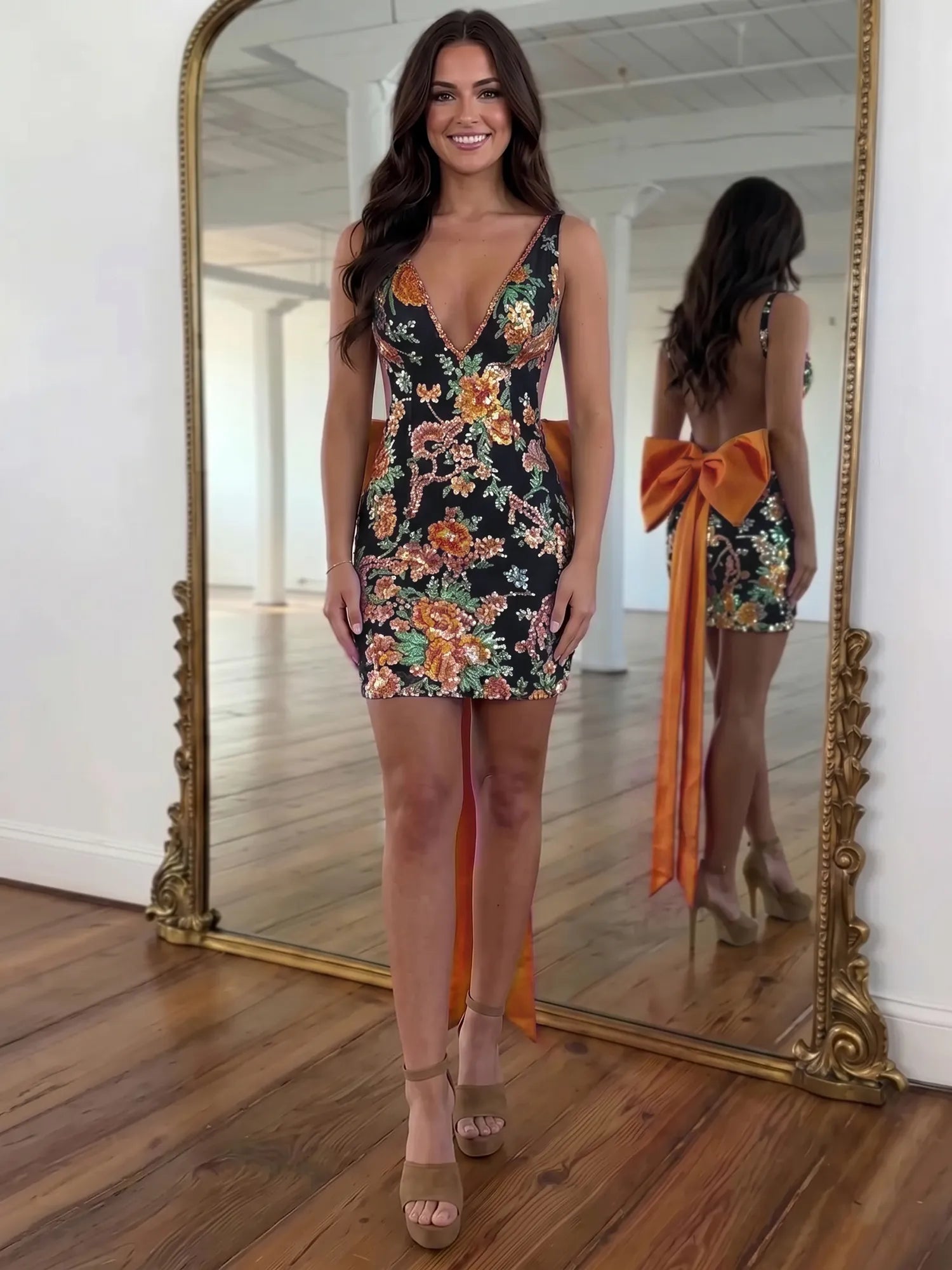 White Floral Embroidered Deep V-Neck Homecoming Dress with Oversized Bow Train
