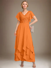 A-line V-Neck Ankle-Length Lace Chiffon Mother of the Bride Dress With Cascading Ruffles