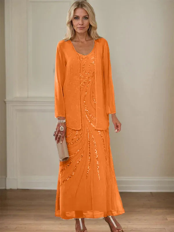 Robe de mère de la mariée fourreau/colonne, col en V, longueur cheville, avec veste et paillettes 
