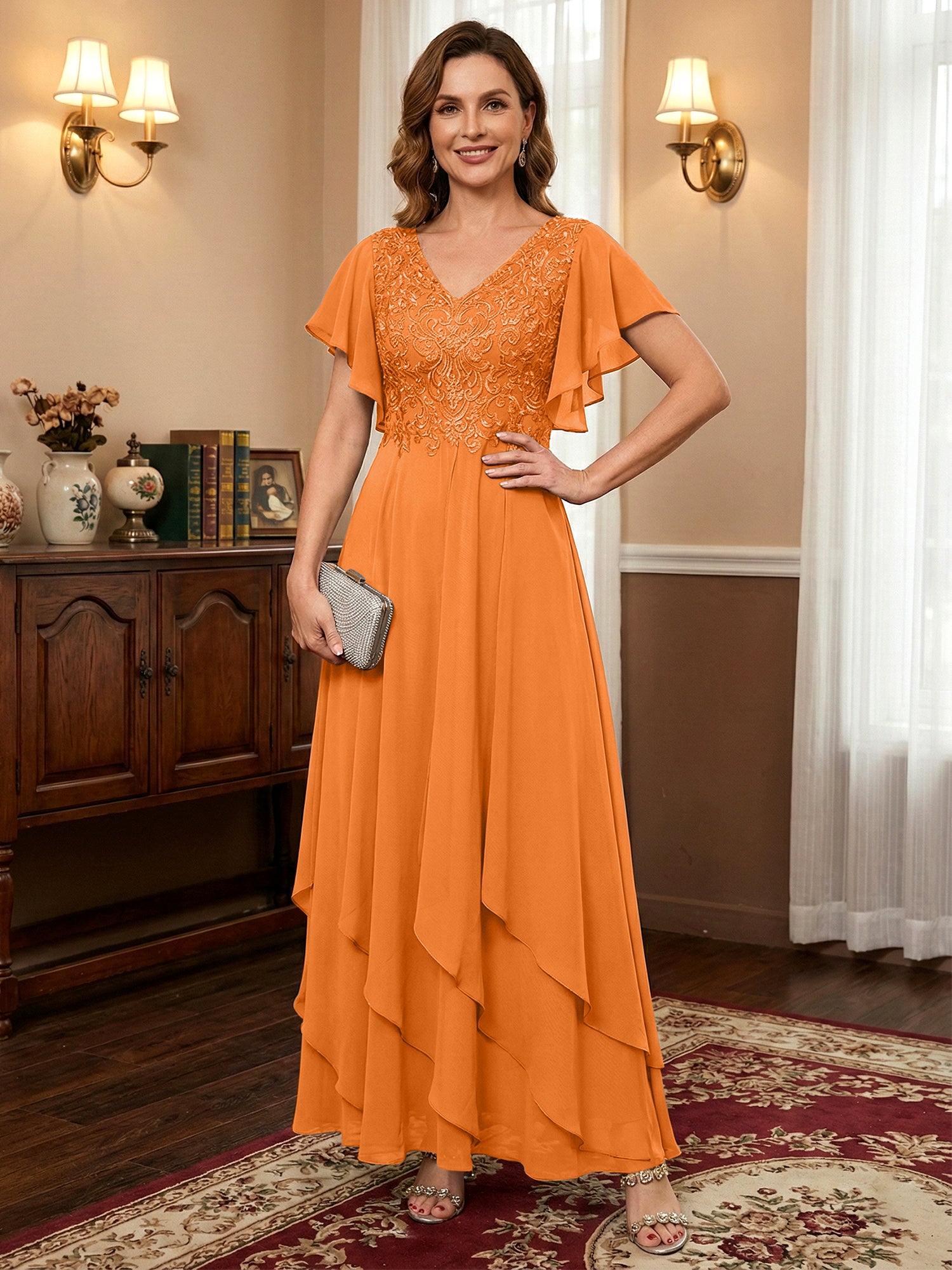 A-line V-Neck Ankle-Length Lace Chiffon Mother of the Bride Dress With Cascading Ruffles