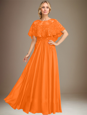 A-line Boat Neck Floor-Length Lace Chiffon Mother of the Bride Dress With Applique Sequins