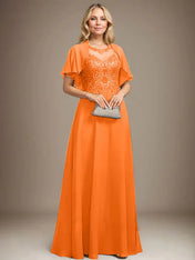 A-line Scoop Illusion Floor-Length Lace Chiffon Mother of the Bride Dress With Sequins