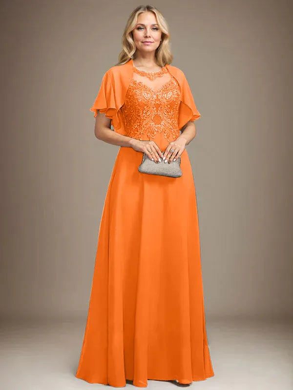 A-line Scoop Illusion Floor-Length Lace Chiffon Mother of the Bride Dress With Sequins