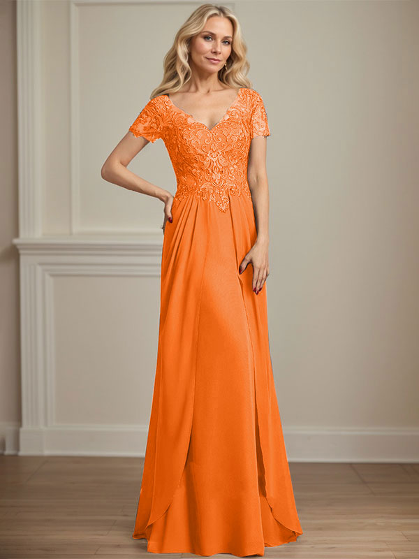 A-line V-Neck Floor-Length Chiffon Lace Mother of the Bride Dress