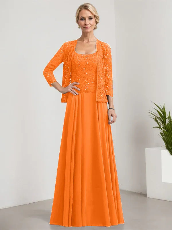 Robe de mère de la mariée trapèze carrée, longueur au sol, en mousseline de soie et dentelle, avec paillettes 