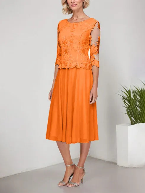 A-line Scoop Tea-Length Lace Chiffon Mother of the Bride Dress With Embroidery