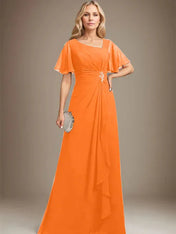 A-line Asymmetrical Floor-Length Chiffon Mother of the Bride Dress With Pleated Beading Sequins