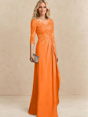 A-line Scoop Illusion Floor-Length Chiffon Lace Mother of the Bride Dress With Beading Sequins Cascading Ruffles