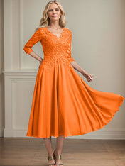 A-line V-Neck Tea-Length Chiffon Lace Mother of the Bride Dress With Beading Sequins