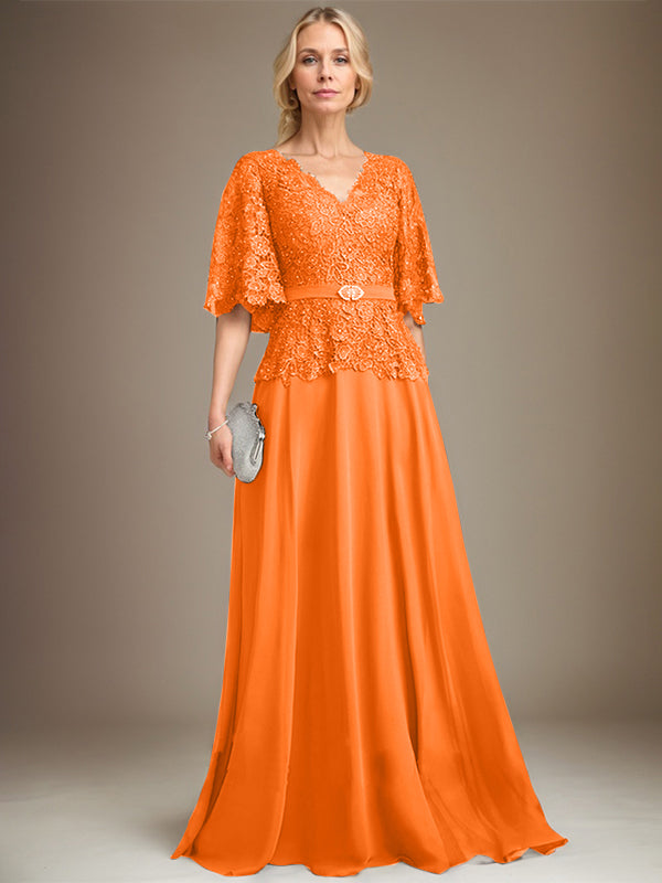 A-line V-Neck Floor-Length Chiffon Lace Mother of the Bride Dress With Crystal Brooch Rhinestone