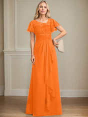 A-line Asymmetrical Illusion Floor-Length Lace Chiffon Mother of the Bride Dress With Cascading Ruffles Sequins