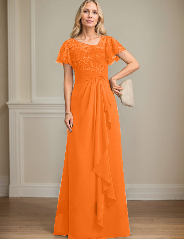 A-line Asymmetrical Illusion Floor-Length Lace Chiffon Mother of the Bride Dress With Cascading Ruffles Sequins