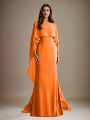 Robe de mère de la mariée en mousseline, coupe fourreau/colonne, col bateau, longueur ras du sol, avec volants en cascade 