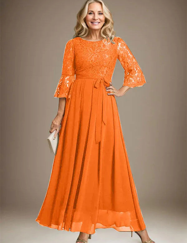A-line Scoop Ankle-Length Lace Chiffon Mother of the Bride Dress With Bow
