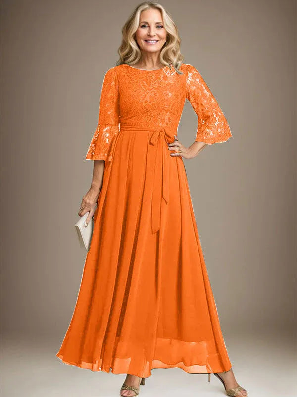 Robe de mère de la mariée trapèze en mousseline de soie et dentelle, longueur cheville, avec nœud