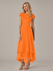 A-line Boat Neck Illusion Asymmetrical Chiffon Lace Mother of the Bride Dress With Applique Pleats