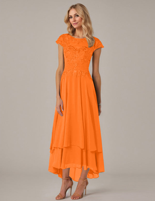 A-line Boat Neck Illusion Asymmetrical Chiffon Lace Mother of the Bride Dress With Applique Pleats