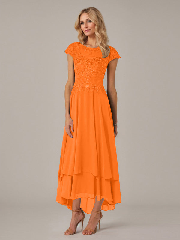 A-line Boat Neck Illusion Asymmetrical Chiffon Lace Mother of the Bride Dress With Applique Pleats