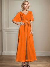 A-line V-Neck Ankle-Length Chiffon Mother of the Bride Dress With Pleated Beading Sequins