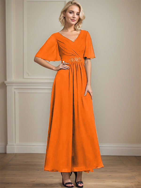 A-line V-Neck Ankle-Length Chiffon Mother of the Bride Dress With Pleated Beading Sequins