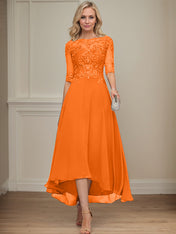 A-line Boat Neck Illusion Asymmetrical Chiffon Lace Mother of the Bride Dress With Sequins Beading