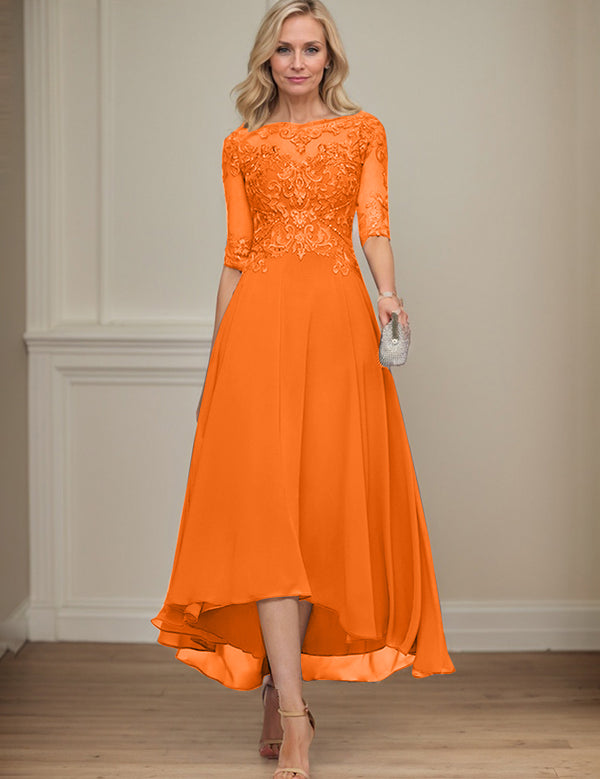 A-line Boat Neck Illusion Asymmetrical Chiffon Lace Mother of the Bride Dress With Sequins Beading