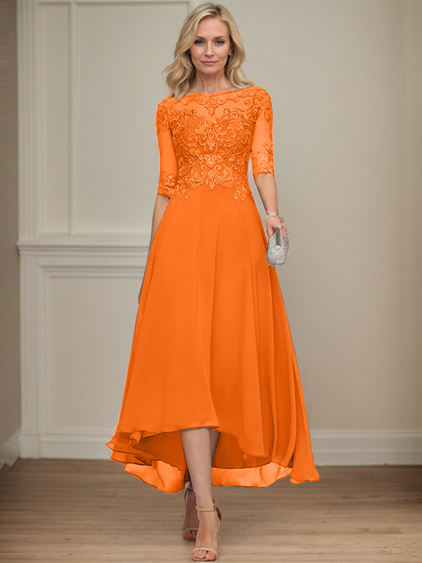 A-line Boat Neck Illusion Asymmetrical Chiffon Lace Mother of the Bride Dress With Sequins Beading