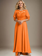 A-line Scoop Illusion Asymmetrical Chiffon Lace Mother of the Bride Dress With Beading