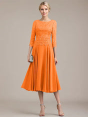 A-line Scoop Tea-Length Lace Chiffon Mother of the Bride Dress