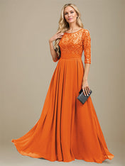 A-Line Scoop Floor-Length Lace Chiffon Mother Of the Bride Dress With Sequins Applique