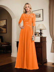 A-line Scoop Illusion Floor-Length Chiffon Lace Mother of the Bride Dress With Pleated Sequins
