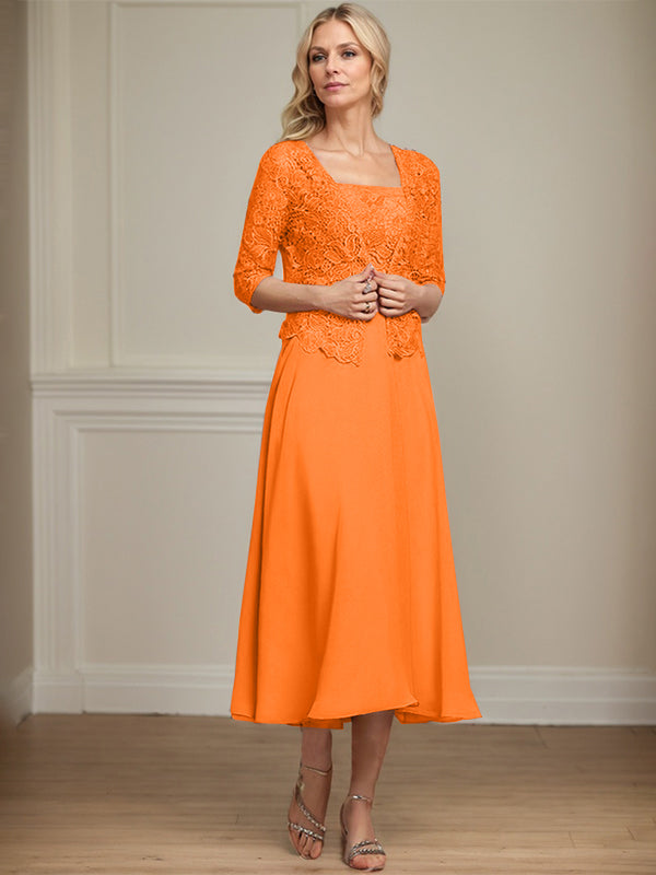 A-line Square Tea-Length Chiffon Lace Mother of the Bride Dress With Sequins Beading